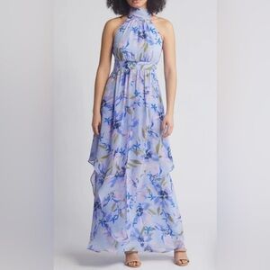 Eliza J Halter Neck Maxi Dress Blue Floral Chiffon Gown Size 8
